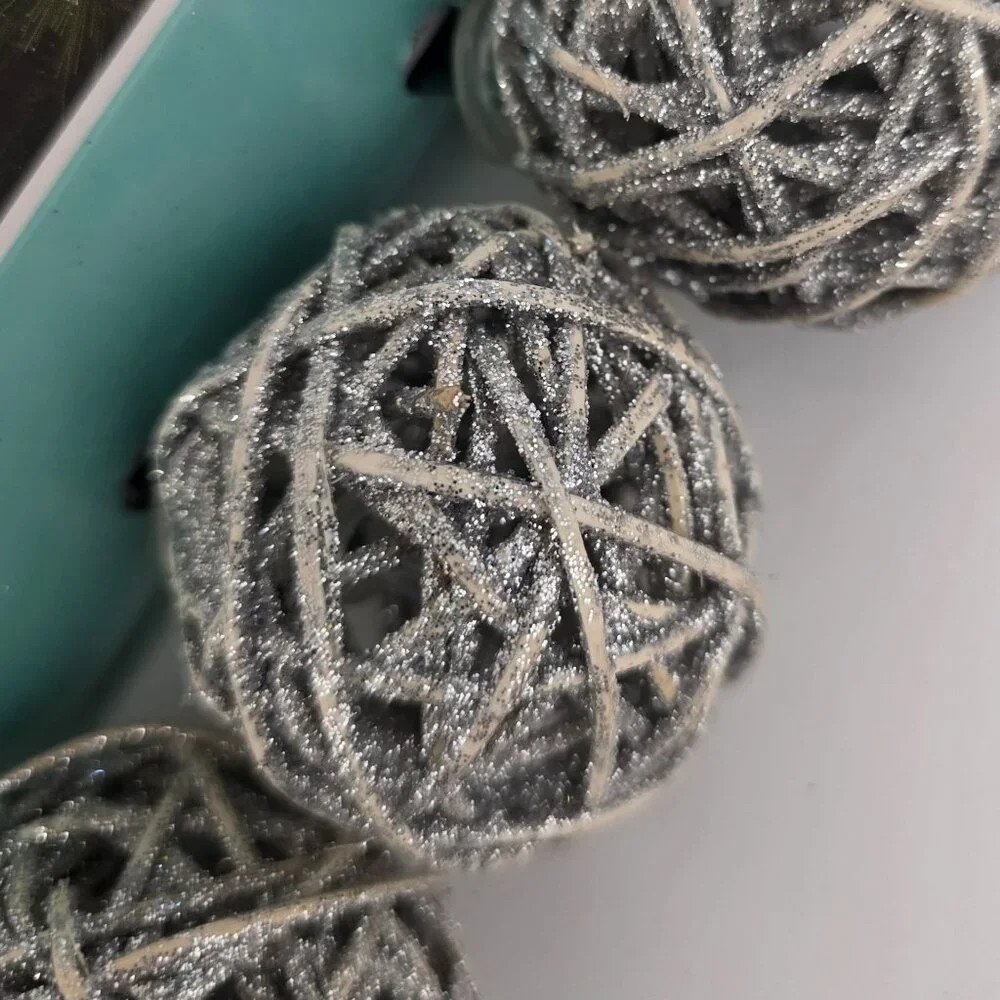New Rattan Ball String Lights Silver Glitter 10 Bulbs Rustic Orb Holiday Patio